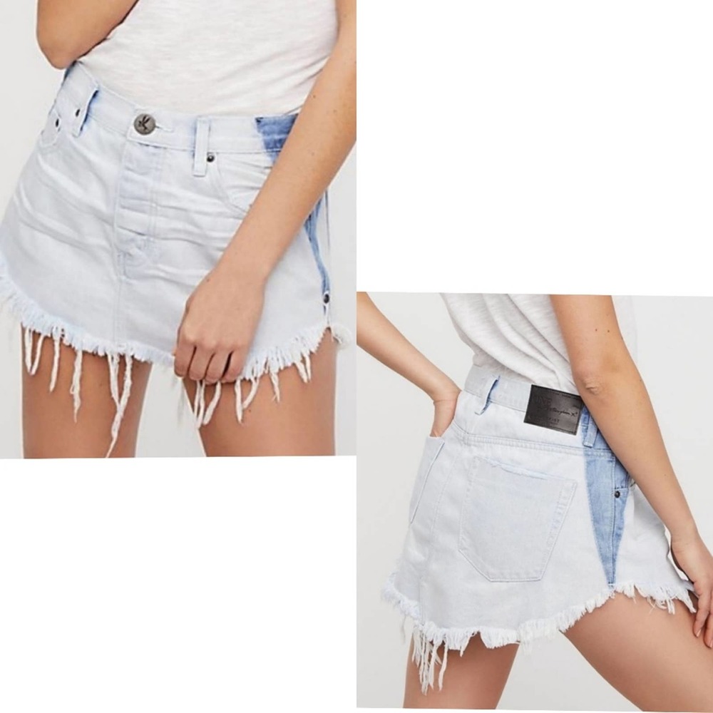 One Teaspoon Brando Blue Two Tone Curved Raw Hem Low Waist 40/40 Mini Sk…